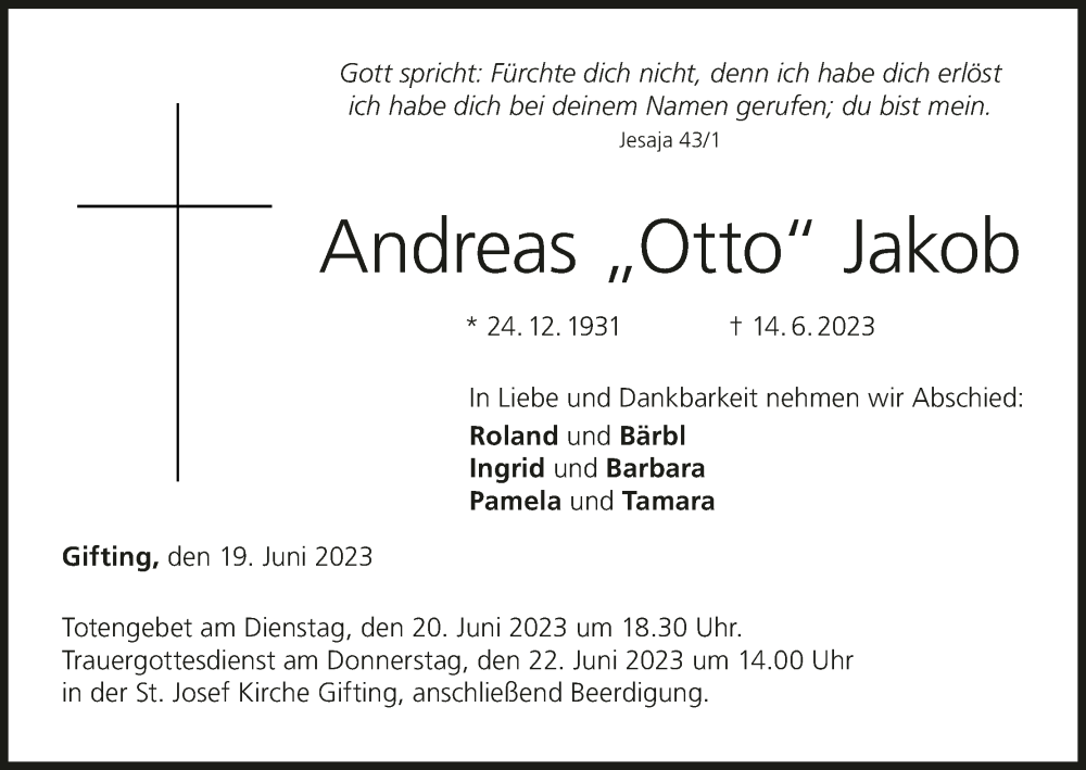  Traueranzeige für Andreas Jakob vom 19.06.2023 aus MGO