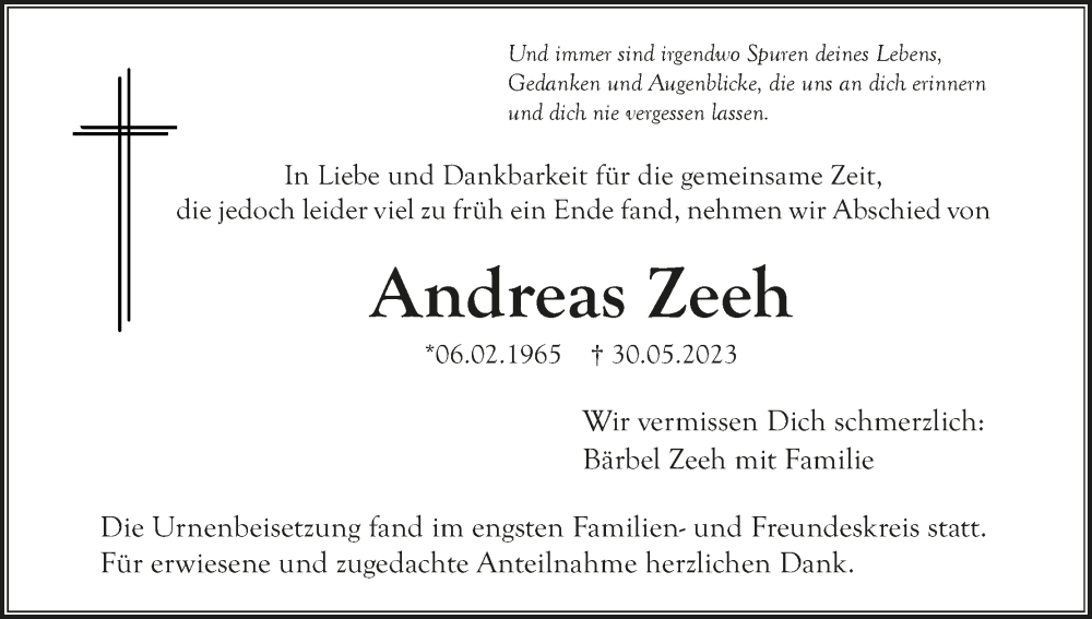  Traueranzeige für Andreas Zeeh vom 17.06.2023 aus MGO