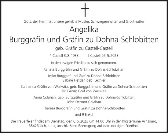 Anzeige von Angelika Burggräfin und Gräfin zu Dohna-Schlobitten von MGO