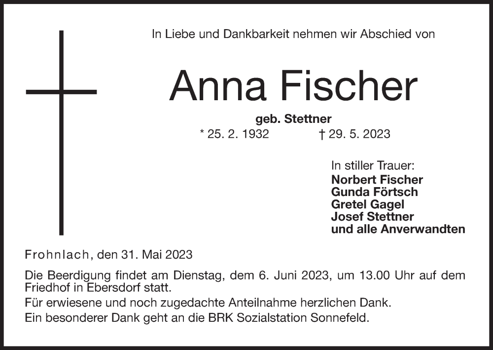  Traueranzeige für Anna Fischer vom 31.05.2023 aus MGO