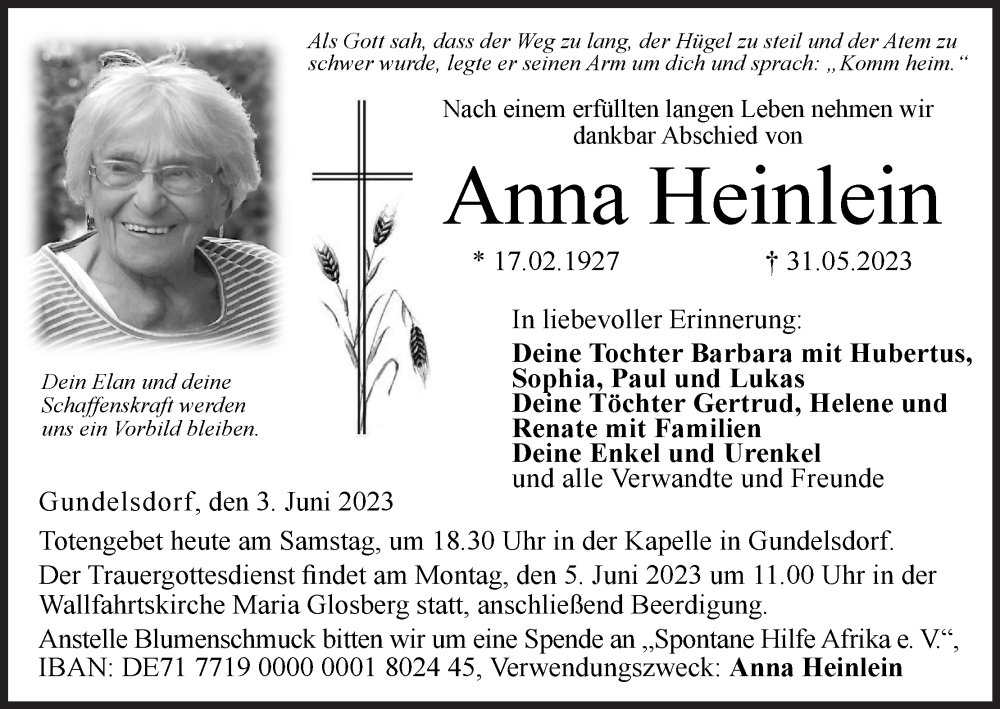  Traueranzeige für Anna Heinlein vom 03.06.2023 aus MGO