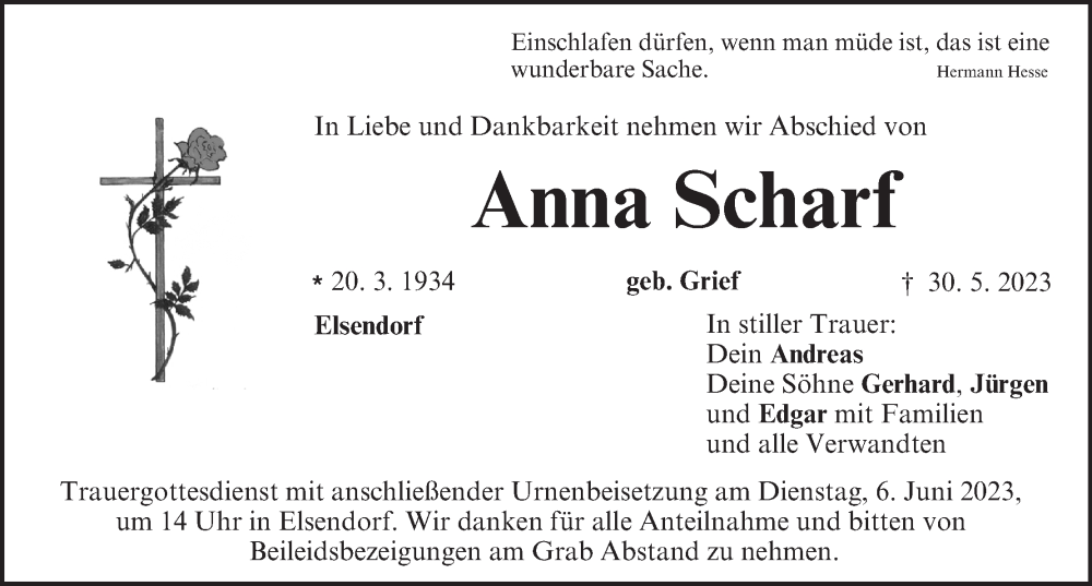  Traueranzeige für Anna Scharf vom 03.06.2023 aus MGO