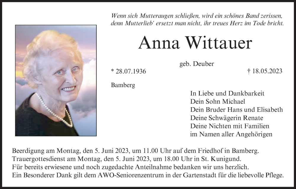  Traueranzeige für Anna Wittauer vom 03.06.2023 aus MGO
