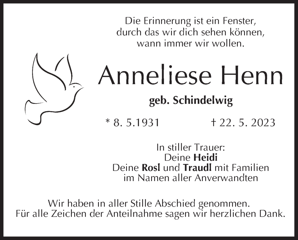  Traueranzeige für Anneliese Henn vom 31.05.2023 aus MGO