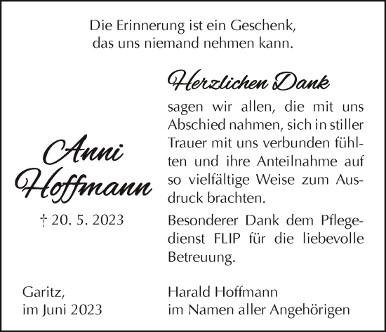 Anzeige von Anni Hoffmann von MGO