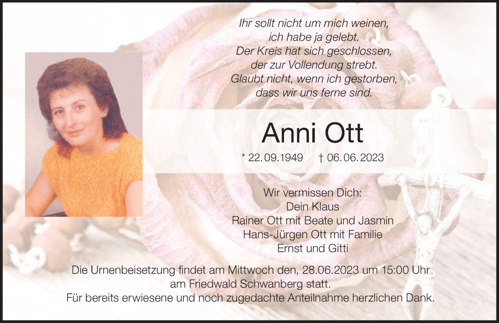  Traueranzeige für Anni Ott vom 24.06.2023 aus MGO