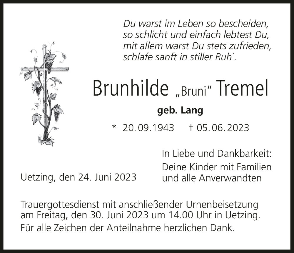  Traueranzeige für Brunhilde Tremel vom 24.06.2023 aus MGO