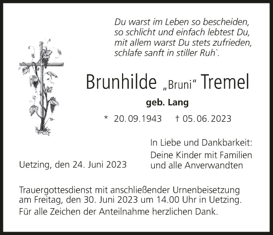 Anzeige von Brunhilde Tremel von MGO