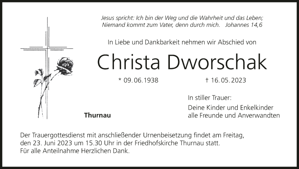  Traueranzeige für Christa Dworschak vom 17.06.2023 aus MGO