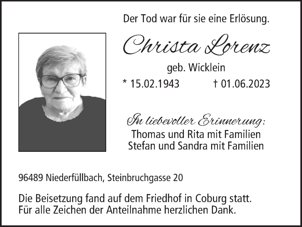  Traueranzeige für Christa Lorenz vom 10.06.2023 aus MGO