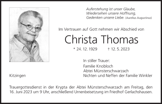 Anzeige von Christa Thomas von MGO