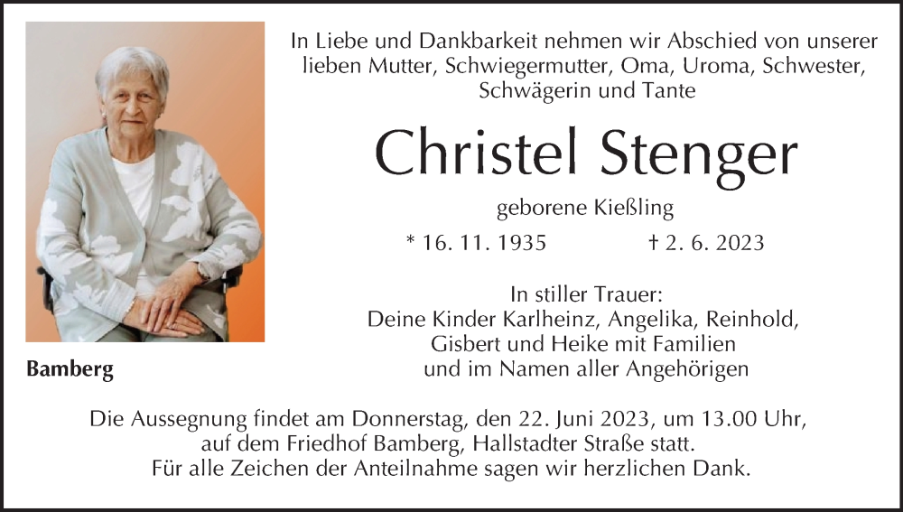  Traueranzeige für Christel Stenger vom 17.06.2023 aus MGO