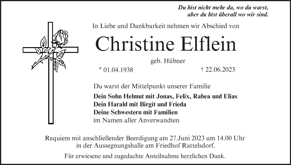  Traueranzeige für Christine Elflein vom 24.06.2023 aus MGO