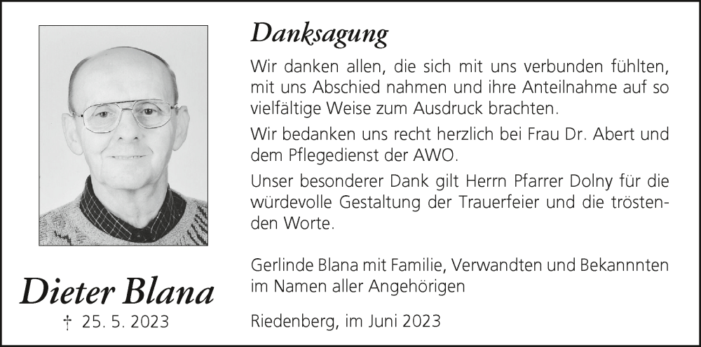  Traueranzeige für Dieter Blana vom 24.06.2023 aus MGO