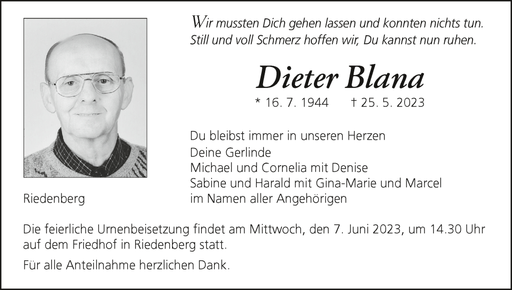  Traueranzeige für Dieter Blana vom 03.06.2023 aus MGO