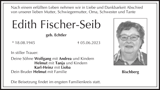 Anzeige von Edith Fischer-Seib von MGO