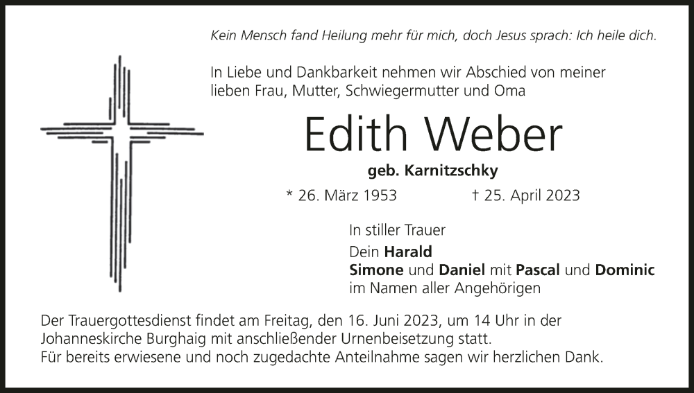  Traueranzeige für Edith Weber vom 14.06.2023 aus MGO