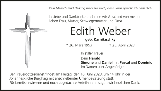 Anzeige von Edith Weber von MGO