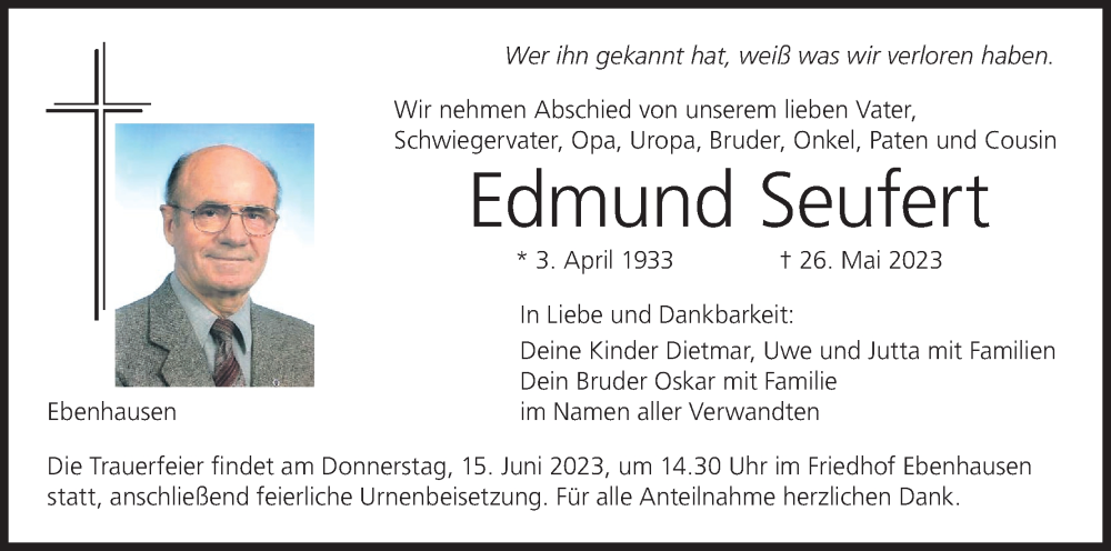  Traueranzeige für Edmund Seufert vom 10.06.2023 aus MGO