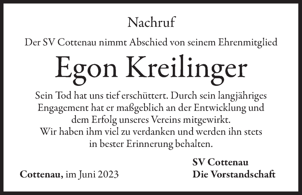  Traueranzeige für Egon Kreilinger vom 09.06.2023 aus MGO