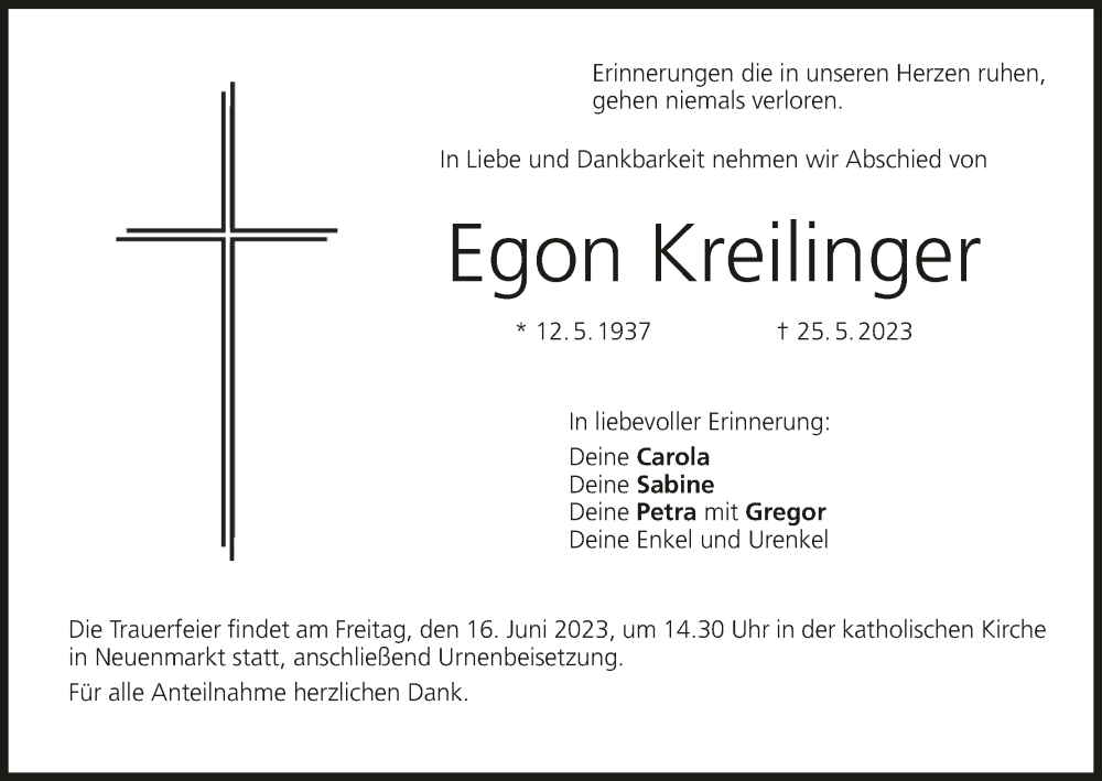  Traueranzeige für Egon Kreilinger vom 03.06.2023 aus MGO