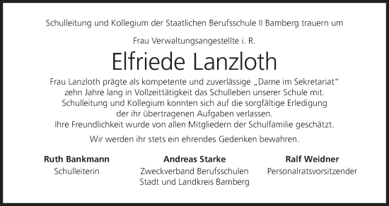 Anzeige von Elfriede Lanzloth von MGO