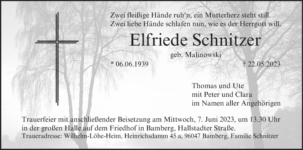  Traueranzeige für Elfriede Schnitzer vom 03.06.2023 aus MGO