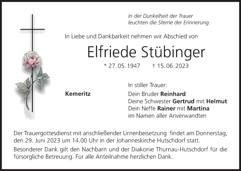  Traueranzeige für Elfriede Stübinger vom 26.06.2023 aus MGO