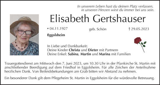 Anzeige von Elisabeth Gertshauser von MGO