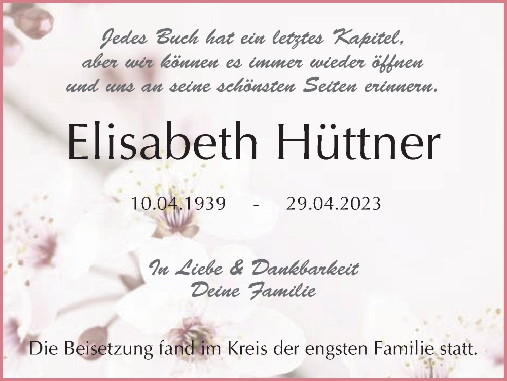  Traueranzeige für Elisabeth Hüttner vom 03.06.2023 aus MGO