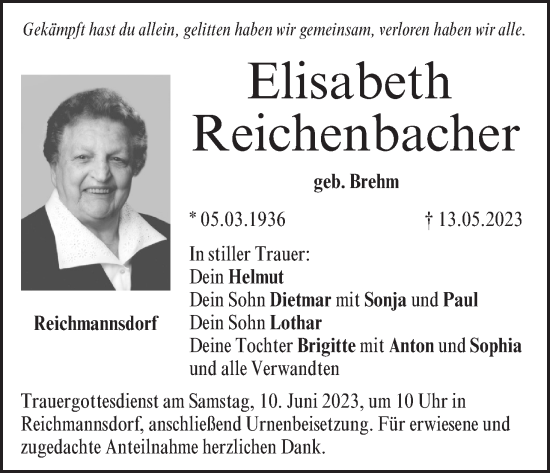 Anzeige von Elisabeth Reichenbacher von MGO