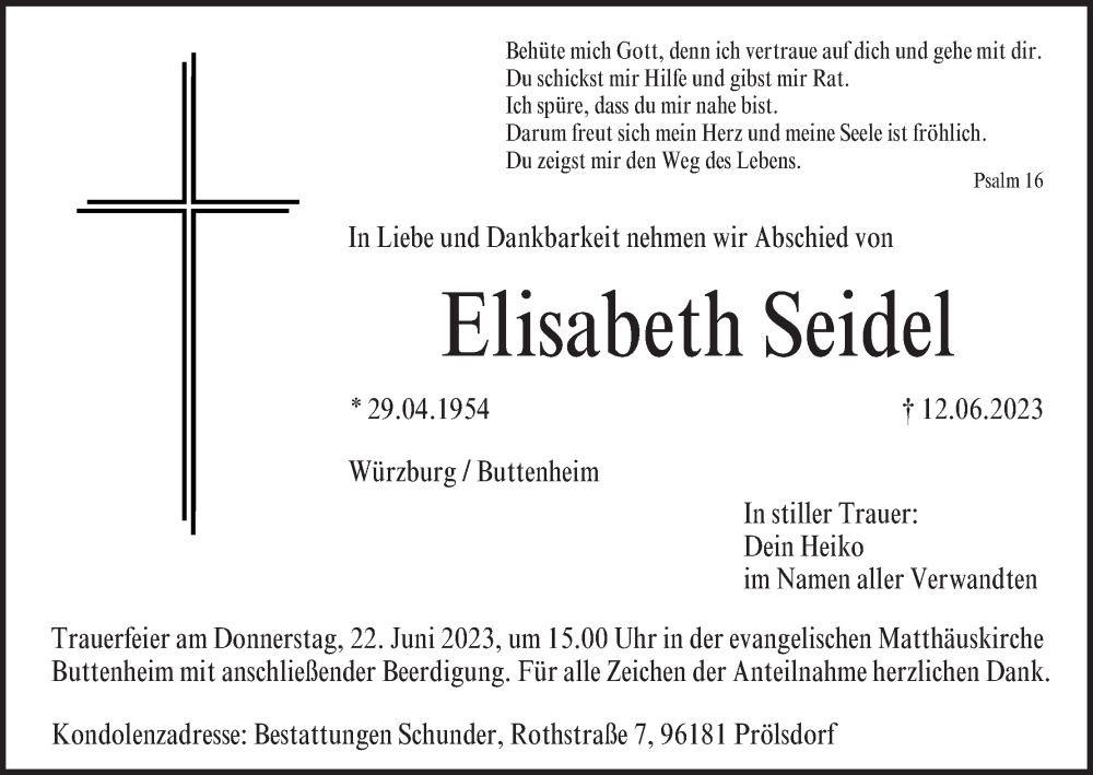  Traueranzeige für Elisabeth Seidel vom 17.06.2023 aus MGO
