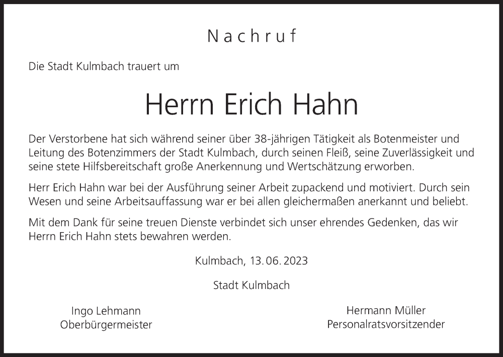  Traueranzeige für Erich Hahn vom 17.06.2023 aus MGO