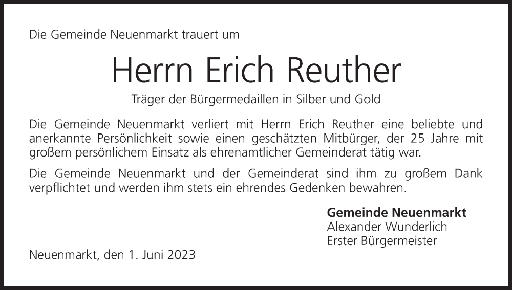 Traueranzeige für Erich Reuther vom 01.06.2023 aus MGO