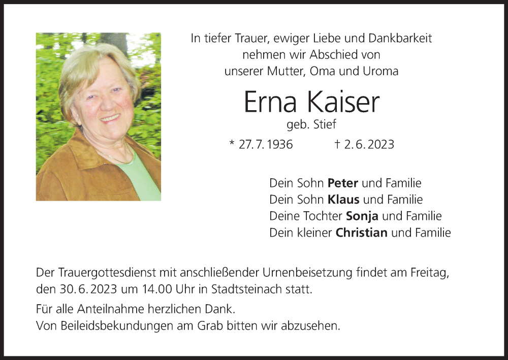  Traueranzeige für Erna Kaiser vom 24.06.2023 aus MGO