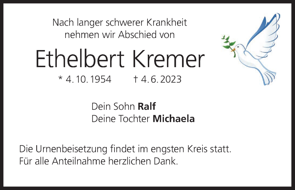  Traueranzeige für Ethelbert Kremer vom 10.06.2023 aus MGO