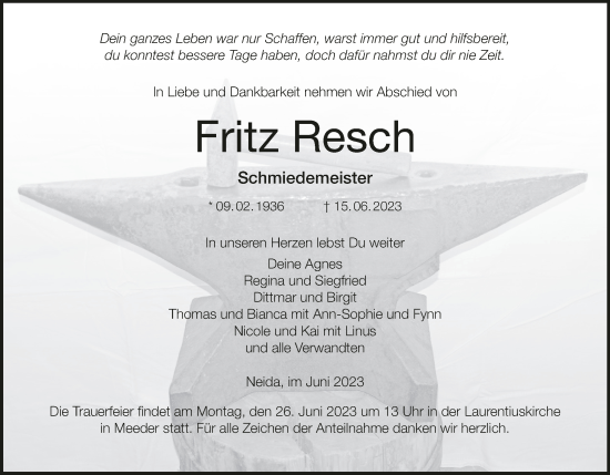 Anzeige von Fritz Resch von MGO