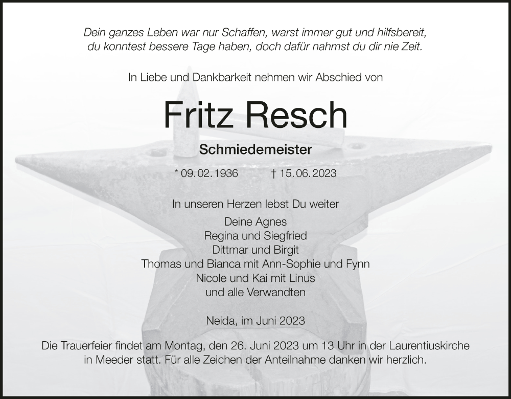  Traueranzeige für Fritz Resch vom 24.06.2023 aus MGO