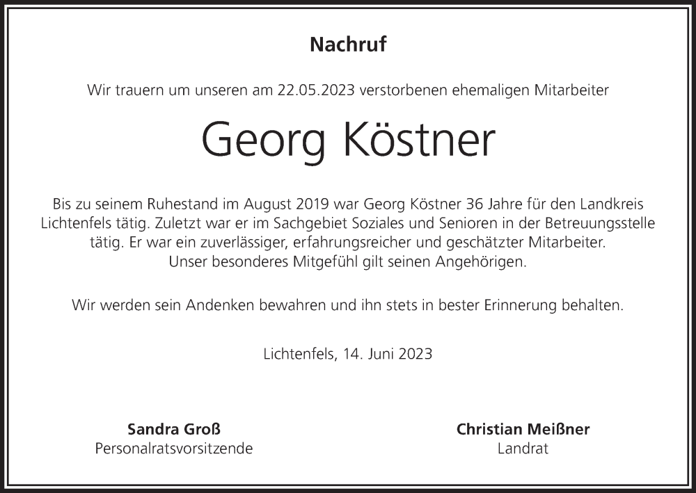  Traueranzeige für Georg Köstner vom 22.06.2023 aus MGO