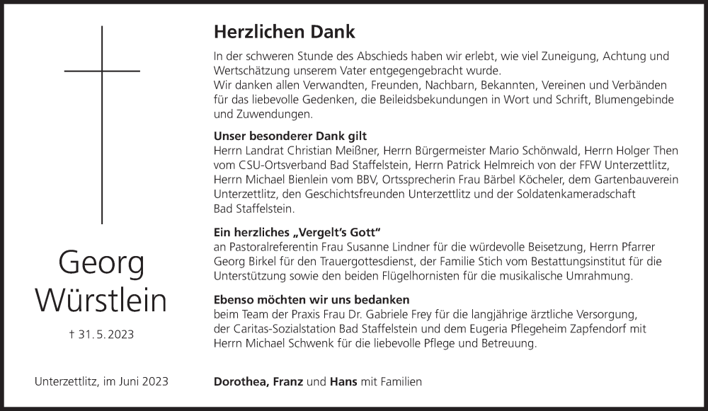  Traueranzeige für Georg Würstlein vom 24.06.2023 aus MGO