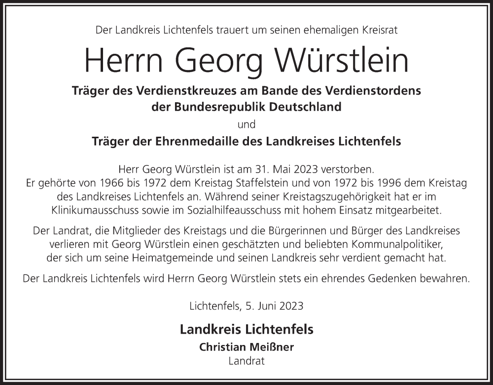  Traueranzeige für Georg Würstlein vom 05.06.2023 aus MGO