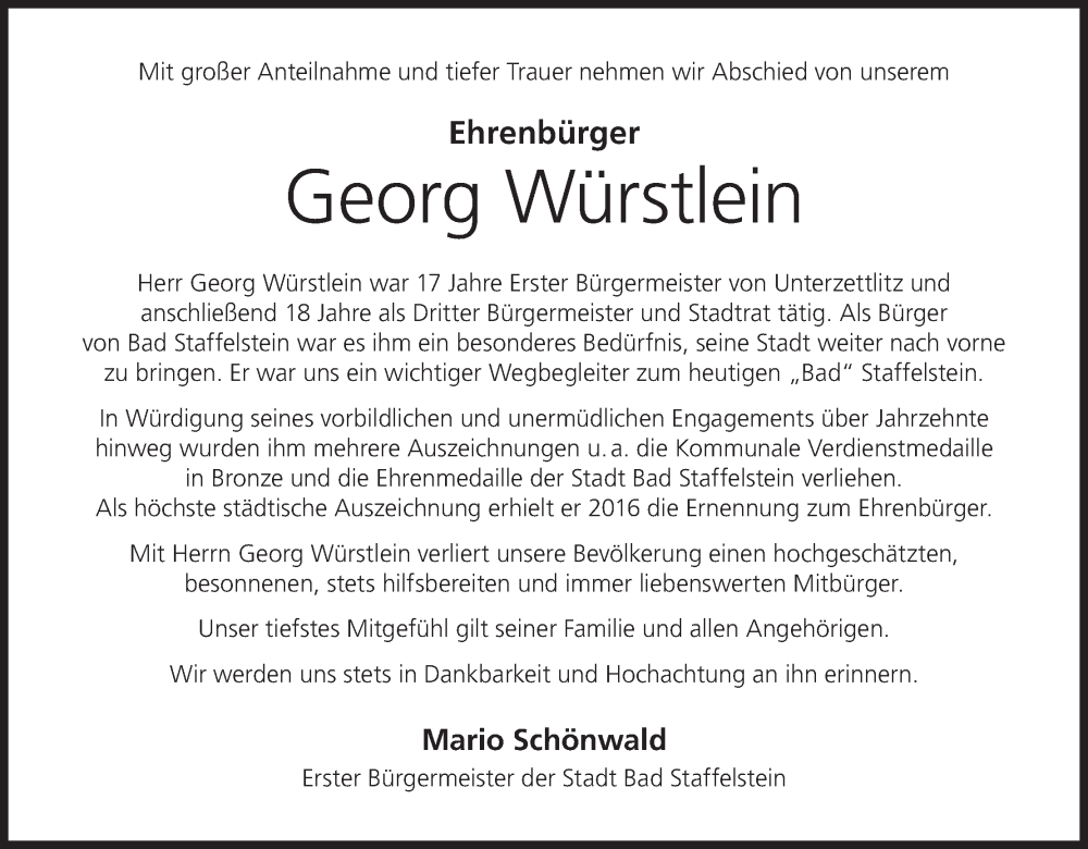  Traueranzeige für Georg Würstlein vom 05.06.2023 aus MGO