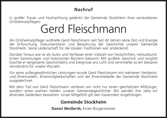 Anzeige von Gerd Fleischmann von MGO