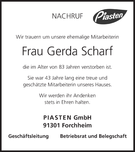 Anzeige von Gerda Scharf von MGO