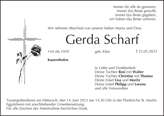 Anzeige von Gerda Scharf von MGO
