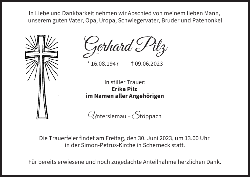  Traueranzeige für Gerhard Pilz vom 24.06.2023 aus MGO