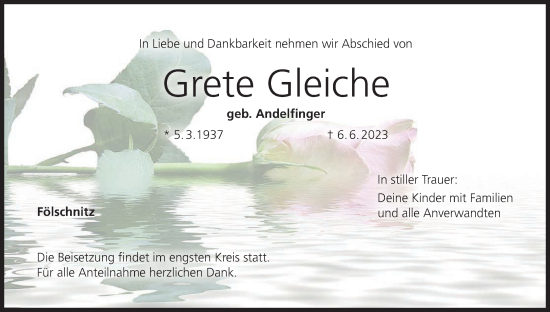 Anzeige von Grete Gleiche von MGO