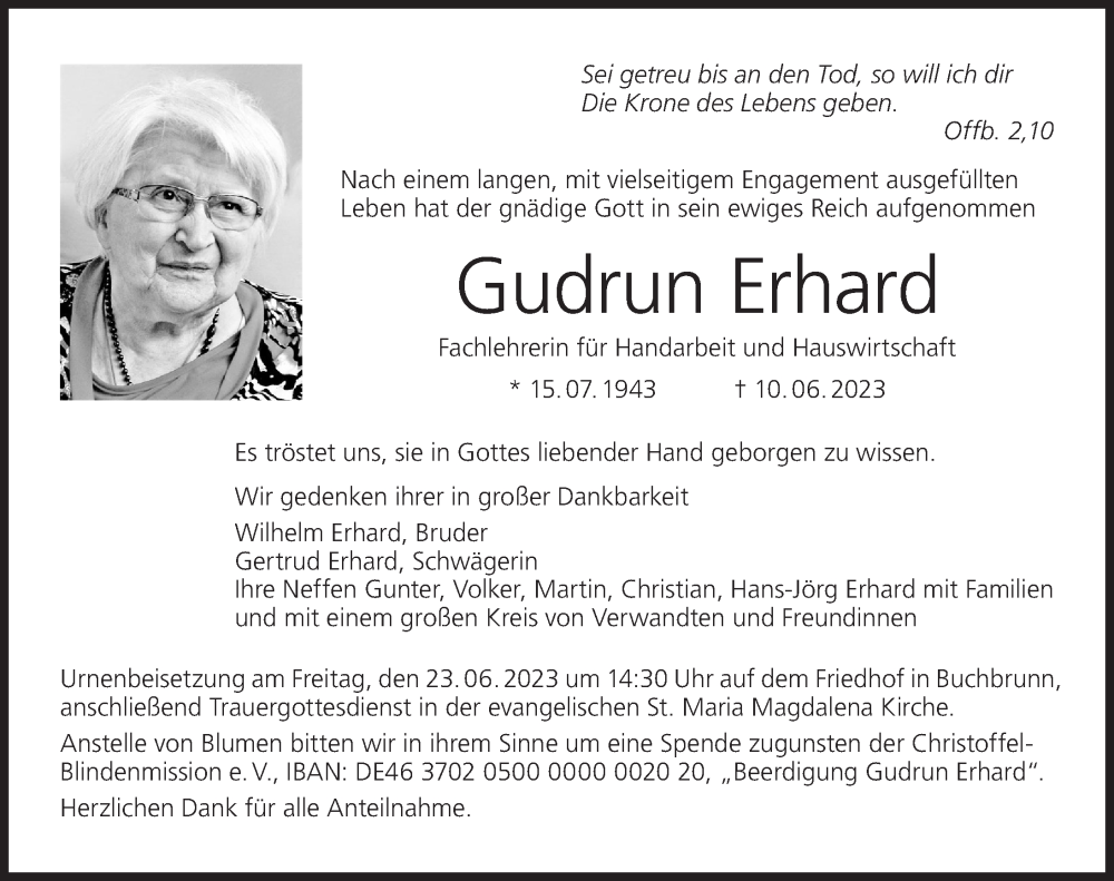  Traueranzeige für Gudrun Erhard vom 20.06.2023 aus MGO