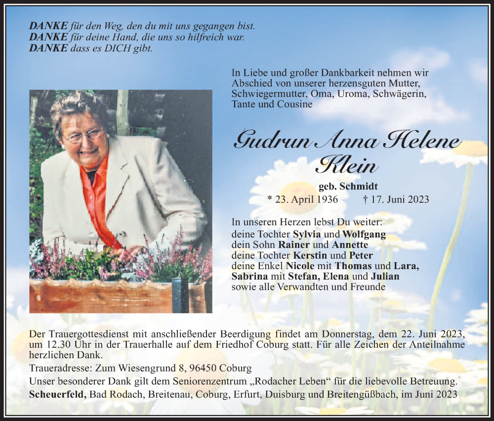  Traueranzeige für Gudrun Anna Helene Klein vom 20.06.2023 aus MGO