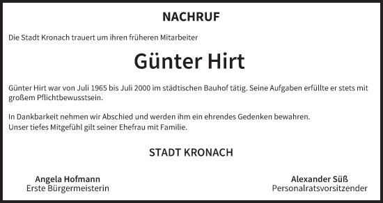 Anzeige von Günter Hirt von MGO